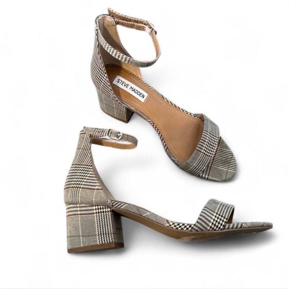 Steve Madden Irenee Plaid Ankle-Strap Heels in Beige and Black